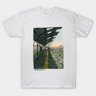 Vintage train station with steam locomotive T-Shirt